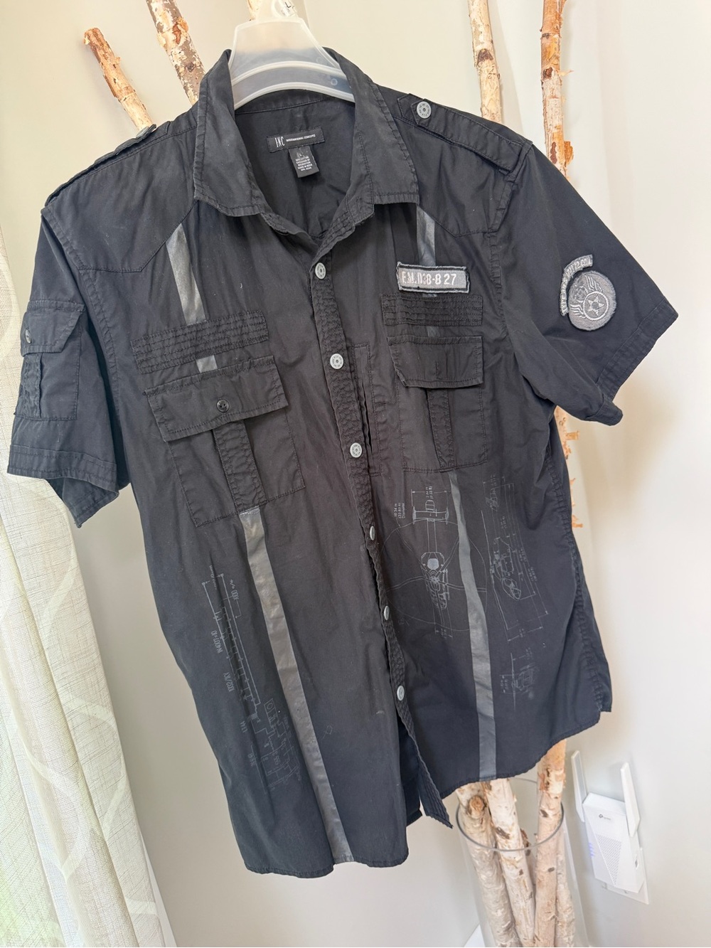 INC International Concepts Black Short-Sleeve Button-Down Utility Shirt